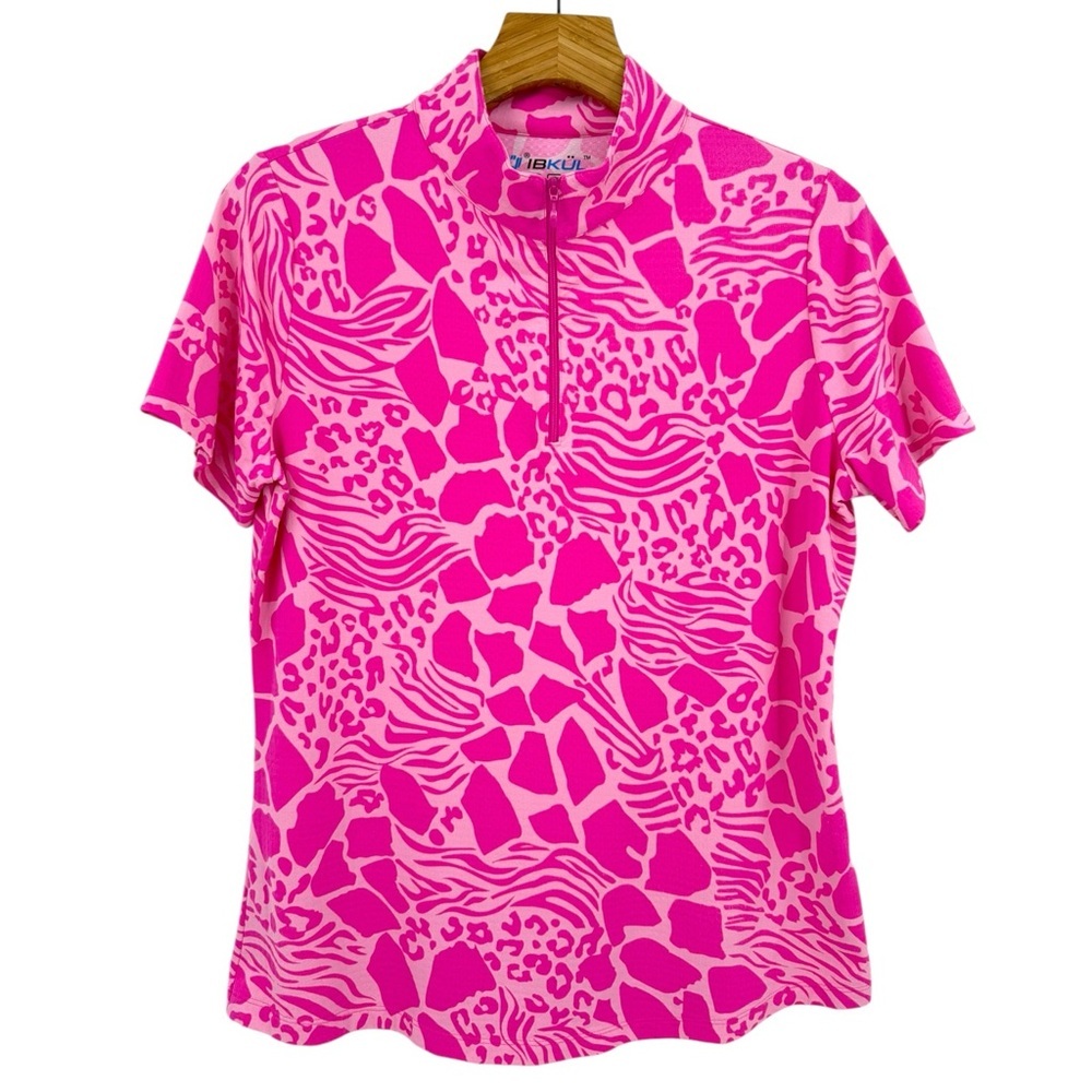 Ibkul Bianca Pink Animal Print Short Sleeve Quarter Zip Mock Neck Size L - Picture 2 of 7